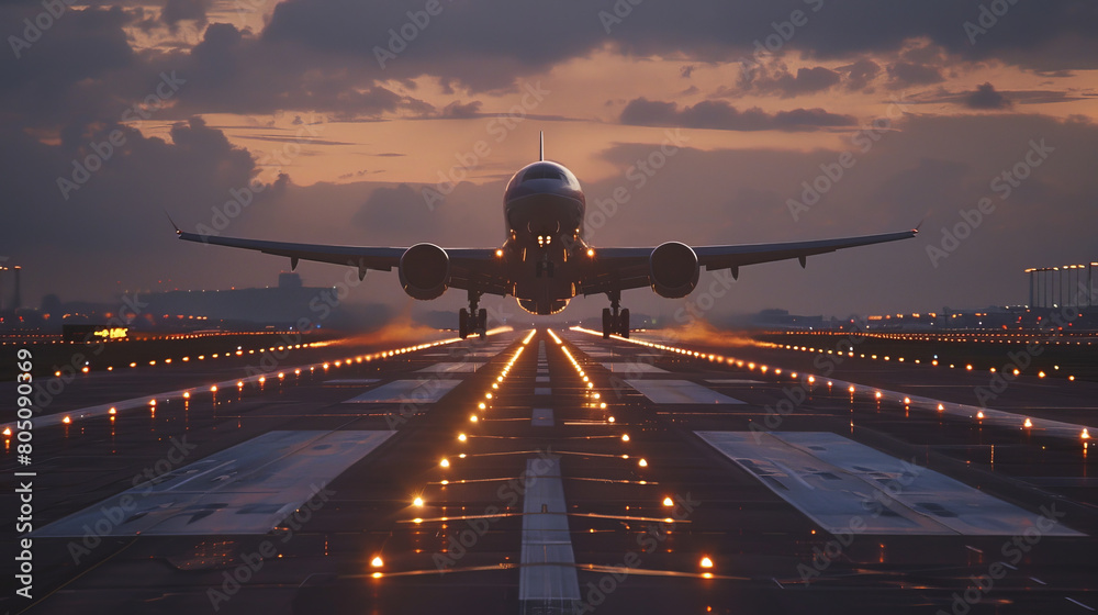 Majestic Commercial Airplane Ascending During Early Morning with Misty Dawn Light Reflecting on Runway
