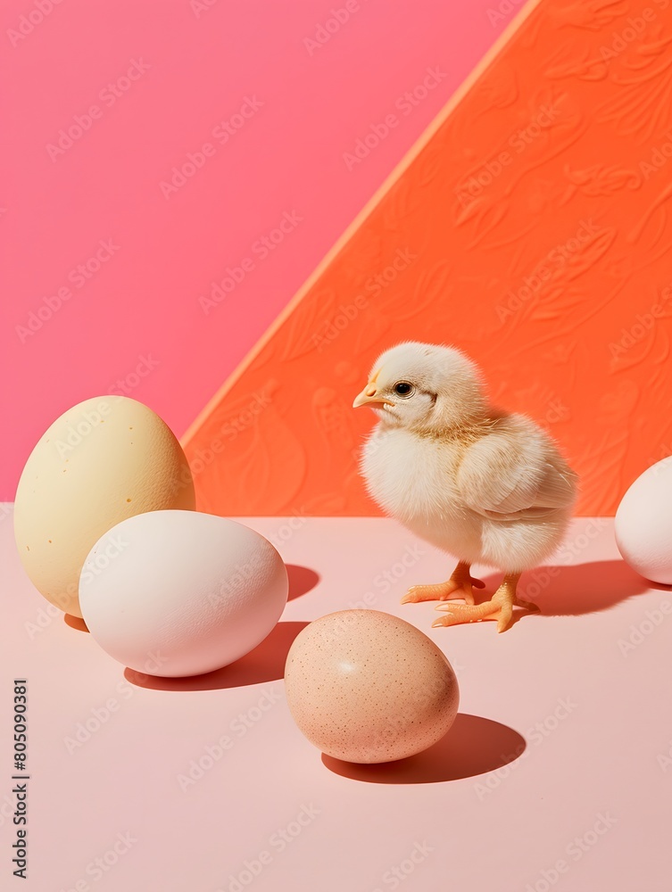 A chicken with eggs on the background of a minimalistic multicolored wall divided diagonally