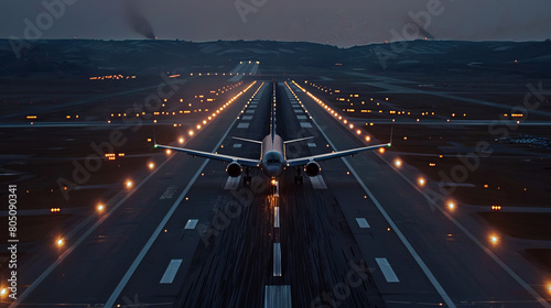 Obraz na płótnie Majestic Commercial Airplane Ascending During Early Morning with Misty Dawn Light Reflecting on Runway w salonie