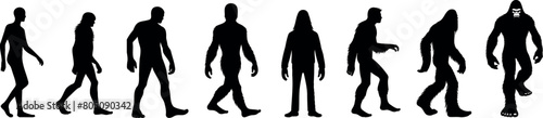 Bigfoot transformation silhouette, evolution sequence, mysterious bigfoot vector silhouette creature, Ape like humanoid, folklore legend, mythical Sasquatch, Yeti cryptid