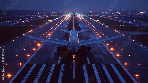 Obraz na płótnie Majestic Commercial Airplane Ascending During Early Morning with Misty Dawn Light Reflecting on Runway w salonie