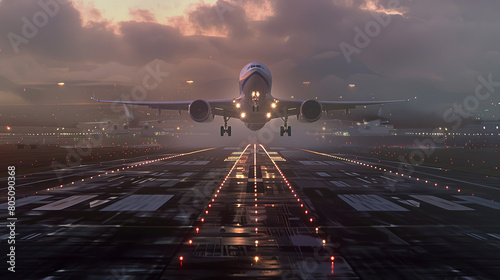 Obraz na płótnie Majestic Commercial Airplane Ascending During Early Morning with Misty Dawn Light Reflecting on Runway w salonie