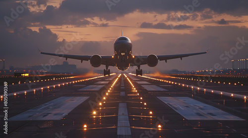 Obraz na płótnie Majestic Commercial Airplane Ascending During Early Morning with Misty Dawn Light Reflecting on Runway w salonie