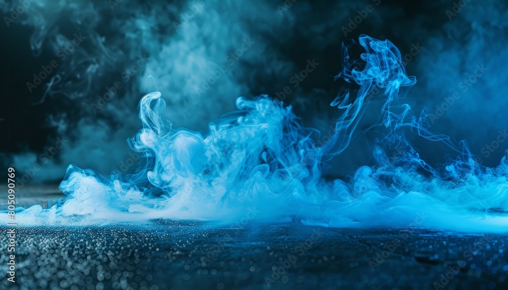 A mystical scene of blue smoke rising from the ground, creating a magical and spooky atmosphere, perfect for fantasy or Halloween-themed backgrounds