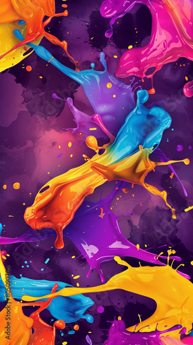 Vibrant splashes of paint in a seamless, abstract pattern with a smoky purple background