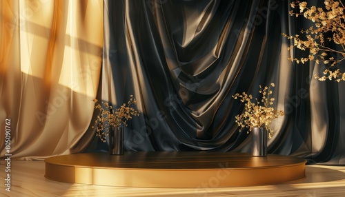 A luxurious gold podium draped with black silk fabric, creating an elegant and premium setting for high-end product displays