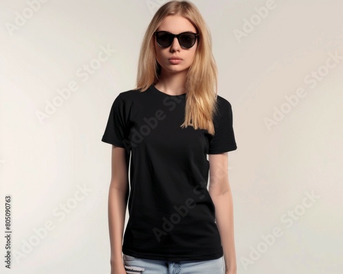 A mockup of an attractive blond woman wearing a black blank t-shirt