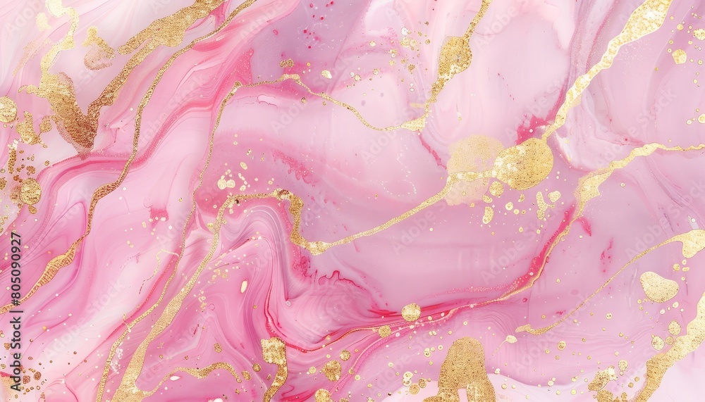 A pink marbled background with gold watercolor patterns, creating a soft and elegant texture suitable for luxury wallpapers or chic design elements A pink marbled background with gold watercolor patterns, creating a soft and elegant texture suitable for luxury wallpapers or chic design elements