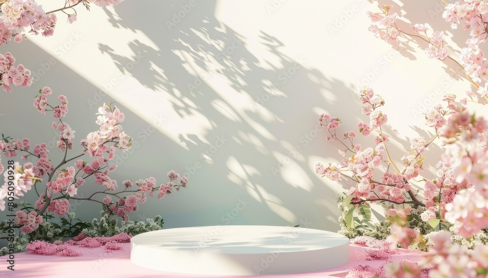 A spring-themed podium surrounded by pink flowers, creating a fresh and floral setting for beauty products, with a focus on minimal and natural designs A spring-themed podium surrounded by pink flowers, creating a fresh and floral setting for beauty products, with a focus on minimal and natural designs