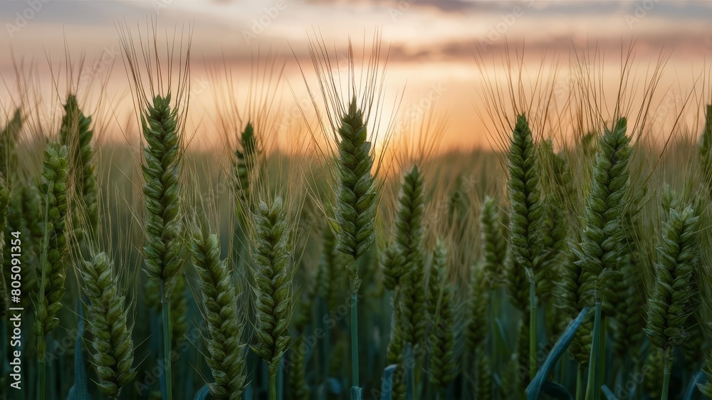 Obraz premium Beautiful close-up macro of a wheat field at dawn. Stunning natural background.