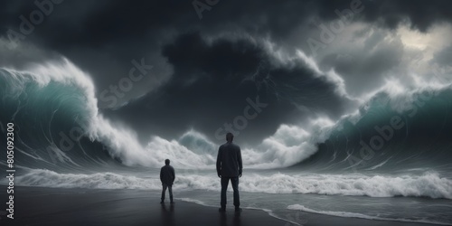 a man standing in front of a huge wave in the middle of the ocean photo