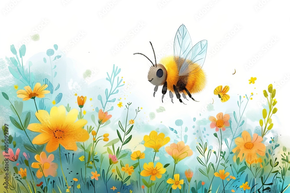 Bee pollinating yellow flowers in a natural landscape, happy bee day