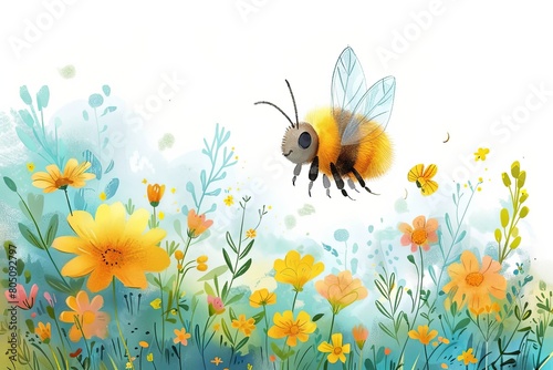 Bee pollinating yellow flowers in a natural landscape  happy bee day