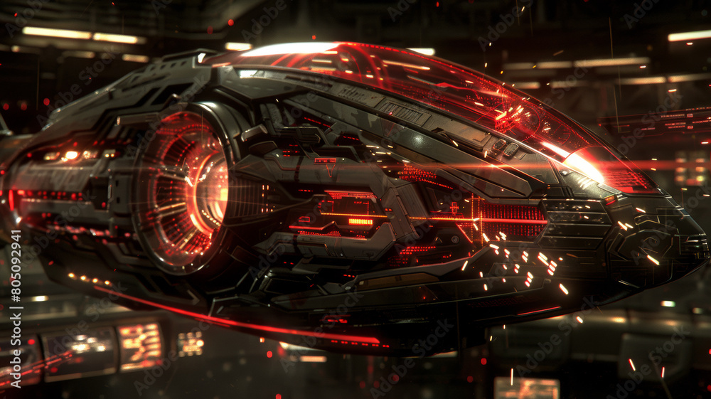 A futuristic space ship with a red and black design