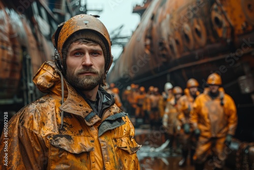 Man in soiled orange protective workwear stands amidst industrial workers in a laborious job setting