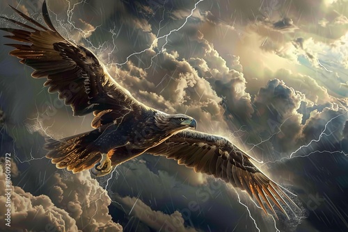 A majestic griffin with the head of an eagle and the body of a lion, soaring through a storm-filled sky, its eyes glowing with electrical energy  photo