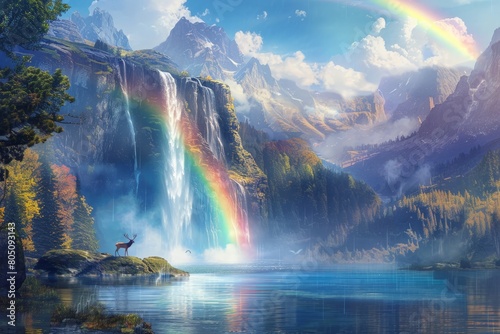 A majestic waterfall cascading into a crystal-clear lake  with a vibrant rainbow arcing across the sky and a lone deer silhouetted against the mist
