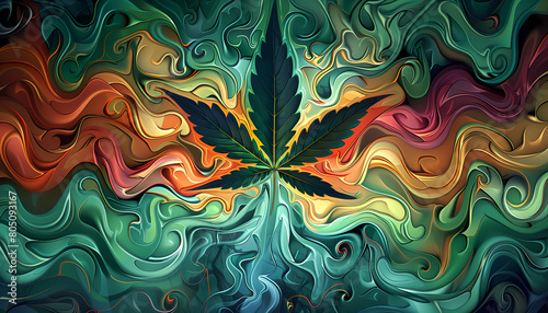abstract surreal colorful psychedelic background with a marijuana or marihuana leaf, weed, psychoactive drug, wallpaper art or artwork, hashish or hash © Echelon IMG