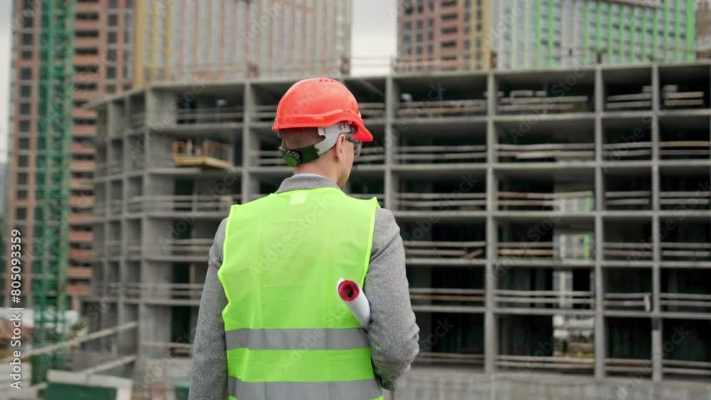 Construction superintendent with drawings approaching new building Construction superintendent with drawings approaching new building