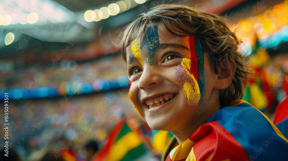 Joyful Young Fan with Painted Face Cheering at a Crowded Soccer Stadium