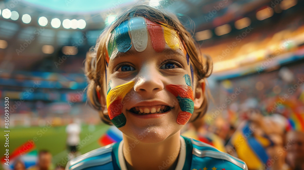 Joyful Young Fan with Painted Face Cheering at a Crowded Soccer Stadium