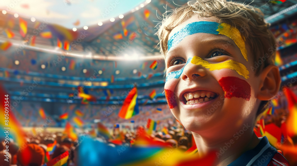 Joyful Young Fan with Painted Face Cheering at a Crowded Soccer Stadium