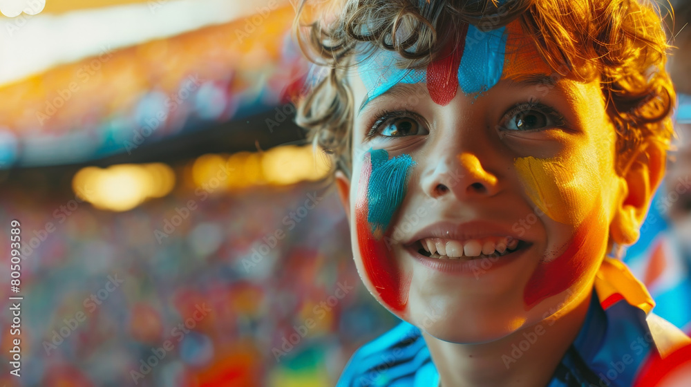 Joyful Young Fan with Painted Face Cheering at a Crowded Soccer Stadium