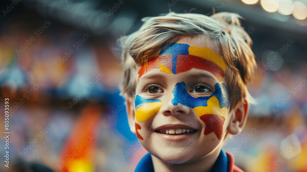 Joyful Young Fan with Painted Face Cheering at a Crowded Soccer Stadium
