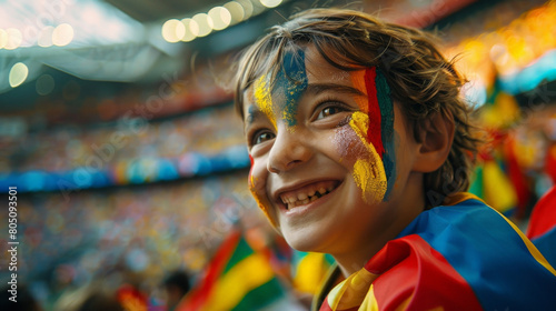 Obraz na płótnie Joyful Young Fan with Painted Face Cheering at a Crowded Soccer Stadium w salonie