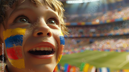 Joyful Young Fan with Painted Face Cheering at a Crowded Soccer Stadium