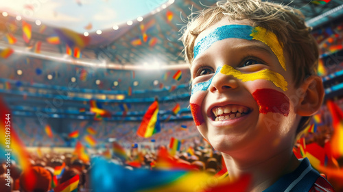 Obraz na płótnie Joyful Young Fan with Painted Face Cheering at a Crowded Soccer Stadium w salonie