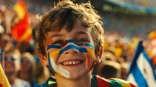 Joyful Young Fan with Painted Face Cheering at a Crowded Soccer Stadium