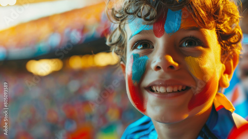 Obraz na płótnie Joyful Young Fan with Painted Face Cheering at a Crowded Soccer Stadium w salonie