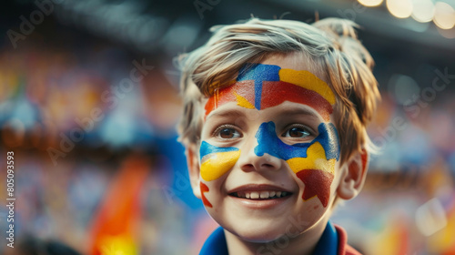 Obraz na płótnie Joyful Young Fan with Painted Face Cheering at a Crowded Soccer Stadium w salonie