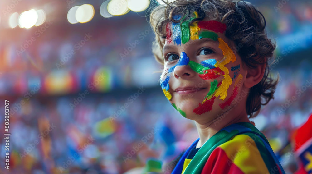 Joyful Young Fan with Painted Face Cheering at a Crowded Soccer Stadium