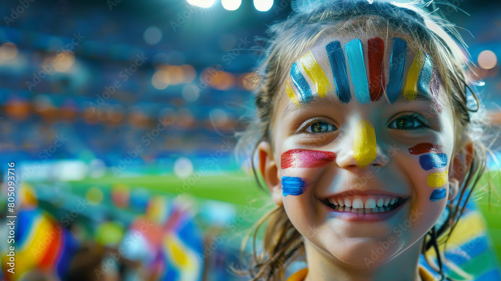 Joyful Young Fan with Painted Face Cheering at a Crowded Soccer Stadium
