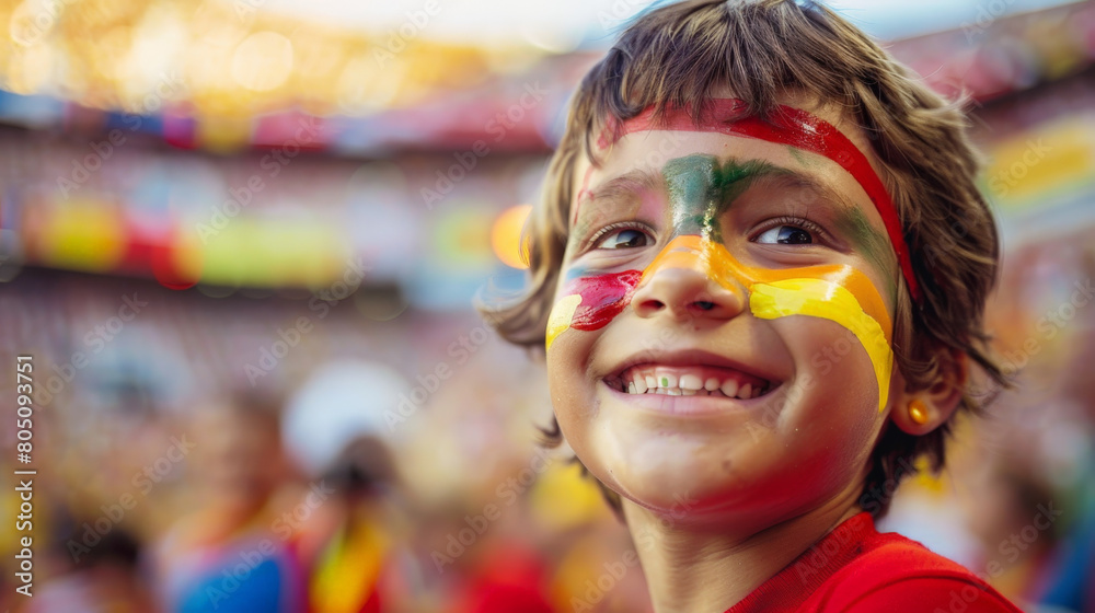 Joyful Young Fan with Painted Face Cheering at a Crowded Soccer Stadium