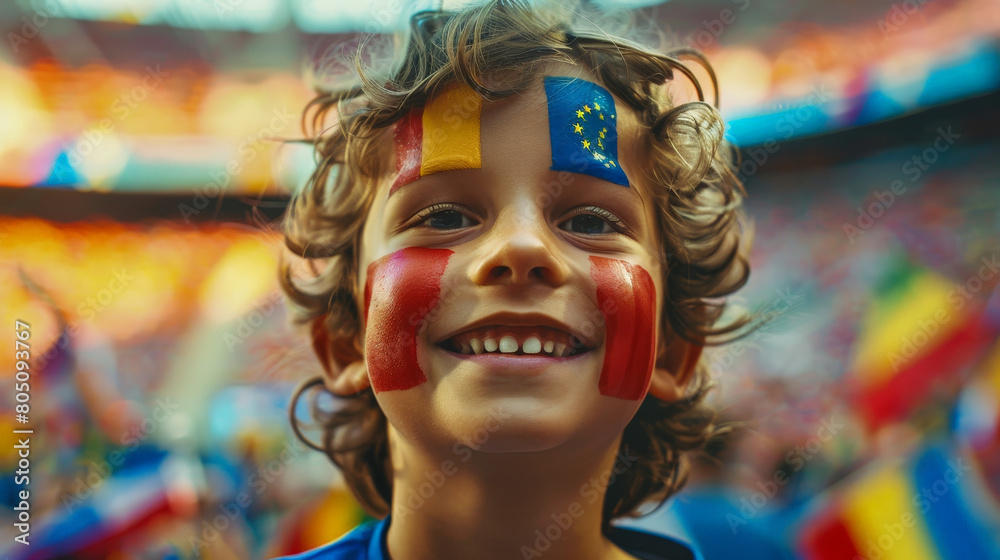 Joyful Young Fan with Painted Face Cheering at a Crowded Soccer Stadium
