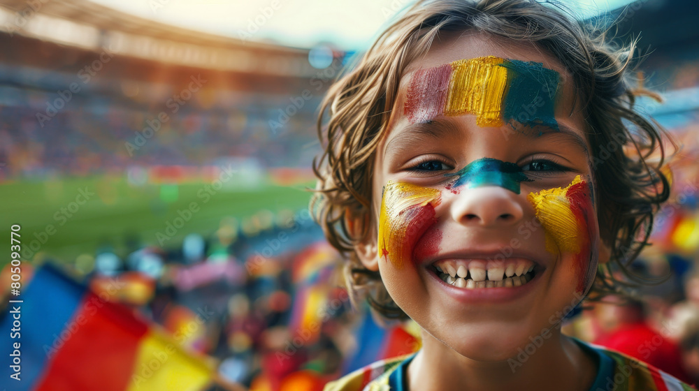 Joyful Young Fan with Painted Face Cheering at a Crowded Soccer Stadium