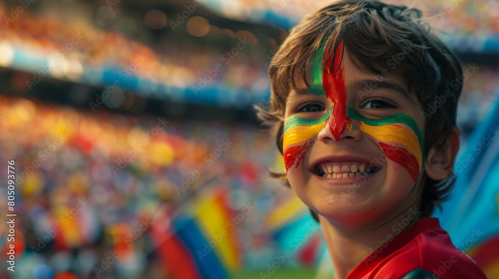 Joyful Young Fan with Painted Face Cheering at a Crowded Soccer Stadium