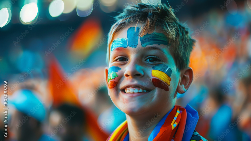 Joyful Young Fan with Painted Face Cheering at a Crowded Soccer Stadium