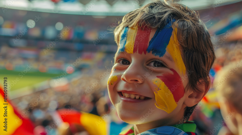 Joyful Young Fan with Painted Face Cheering at a Crowded Soccer Stadium