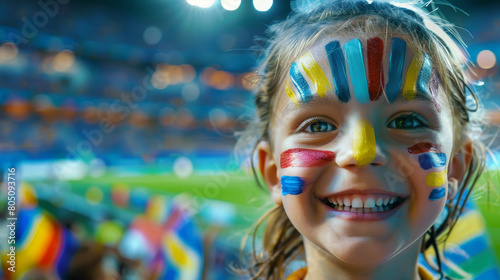 Obraz na płótnie Joyful Young Fan with Painted Face Cheering at a Crowded Soccer Stadium w salonie