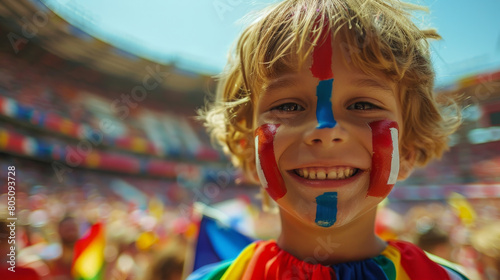 Obraz na płótnie Joyful Young Fan with Painted Face Cheering at a Crowded Soccer Stadium w salonie