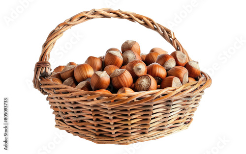 Singular Hazelnuts in Basket, A Basket of Hazelnuts Alone on White Background, Copy Space