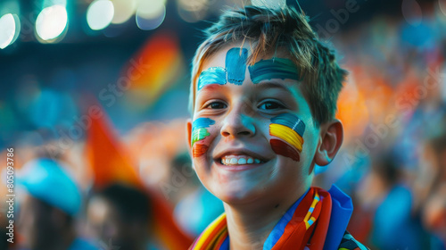 Obraz na płótnie Joyful Young Fan with Painted Face Cheering at a Crowded Soccer Stadium w salonie
