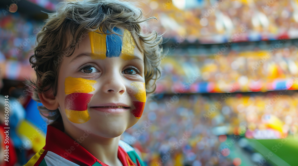 Joyful Young Fan with Painted Face Cheering at a Crowded Soccer Stadium