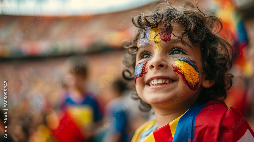 Joyful Young Fan with Painted Face Cheering at a Crowded Soccer Stadium