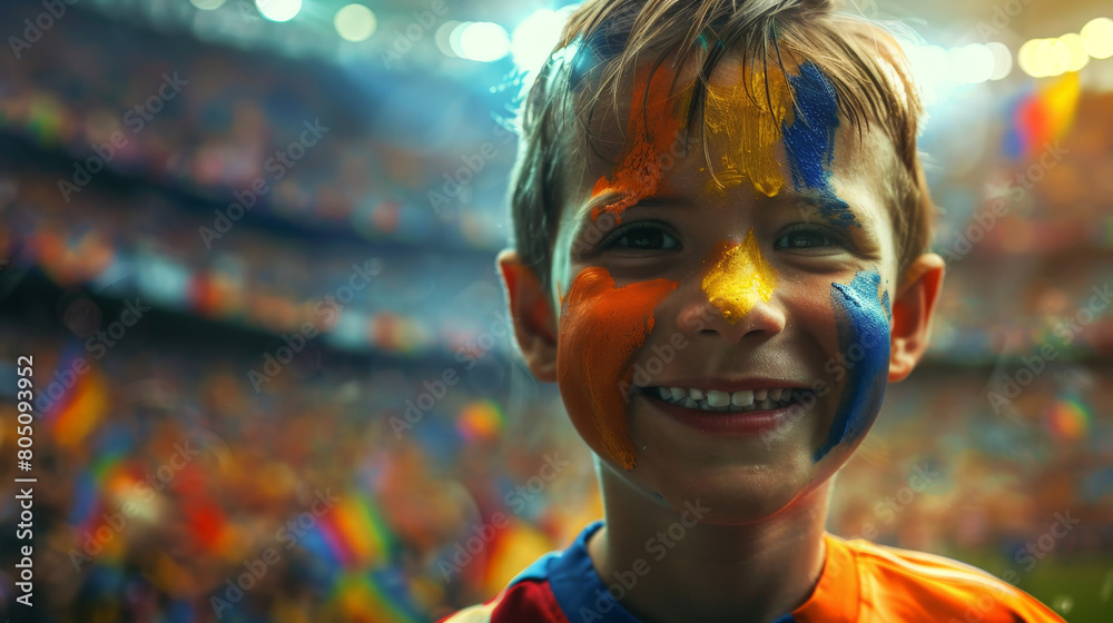 Joyful Young Fan with Painted Face Cheering at a Crowded Soccer Stadium
