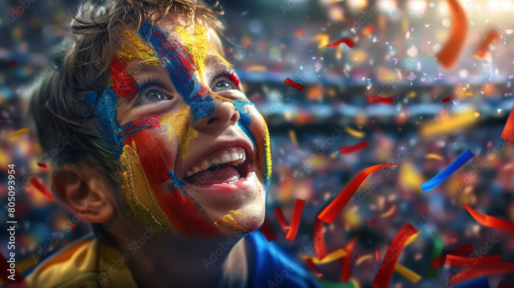Joyful Young Fan with Painted Face Cheering at a Crowded Soccer Stadium